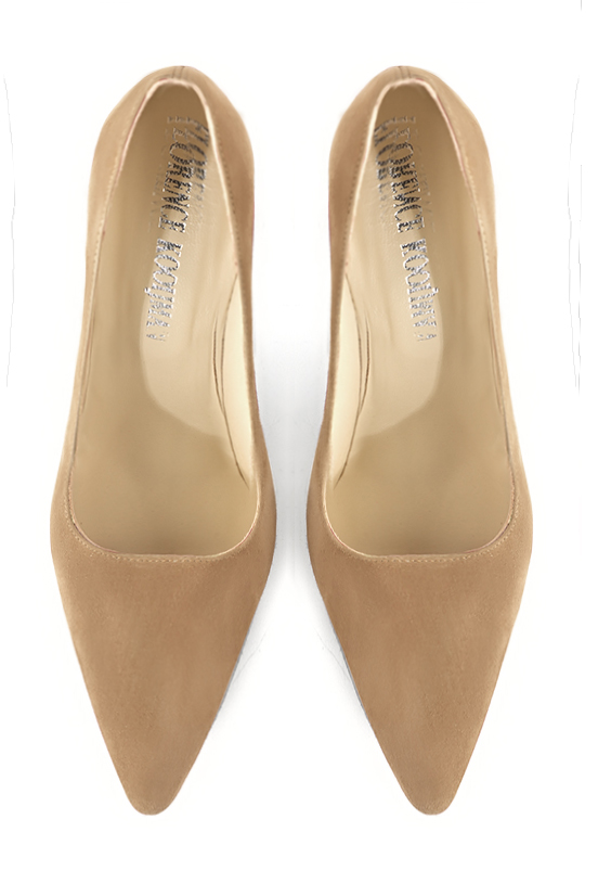 Tan beige women's dress pumps,with a square neckline. Tapered toe. Very high spool heels. Top view - Florence KOOIJMAN